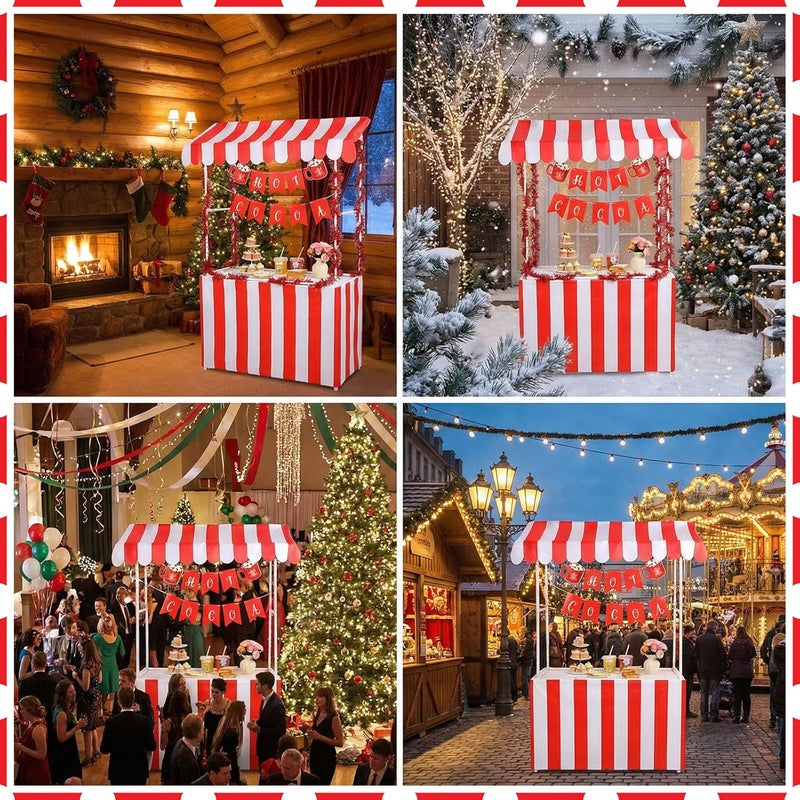 Chunm Hot Cocoa Stand Bar Kit Hot Chocolate Bar with 1 Set Cocoa Stand 1 Red White Striped Sunshade Cloth 4 Red Tinsel 2 Banner Sign for Winter Christmas Holiday Party Supplies - Image 4